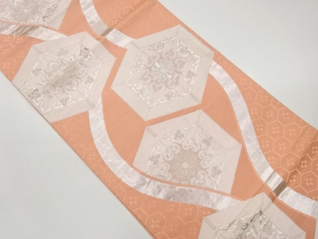Woven pouch obi with curved lines, tortoiseshell and abstract floral motifs